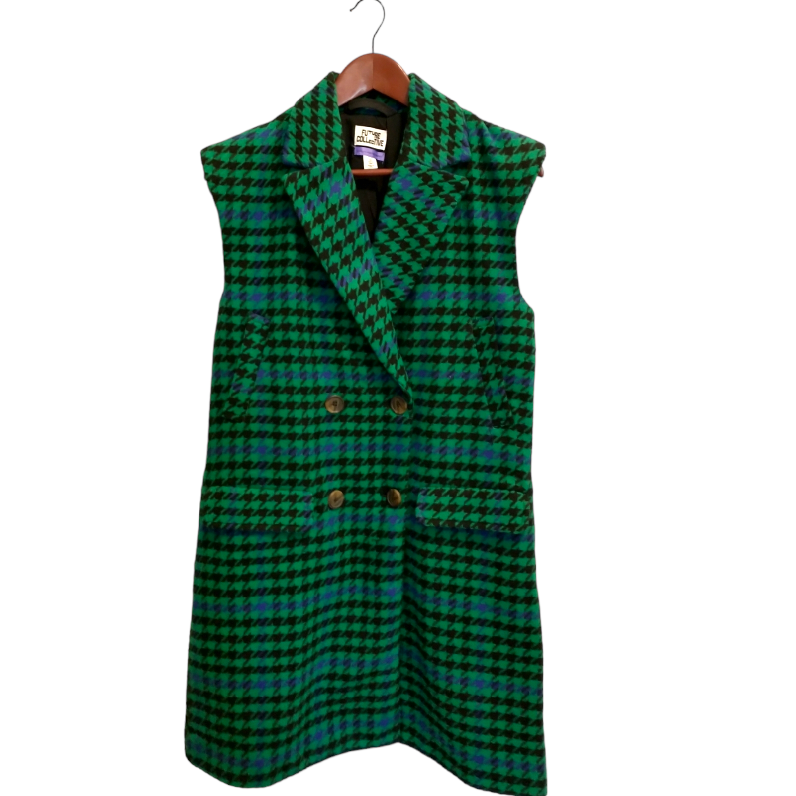 Future Collective Kahlana Barfield Brown Sleeveless Blazer Vest Shacket Green Xs